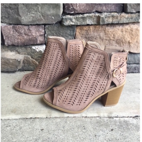 Taupe Laser Cut Ankle Booties - Picture 2 of 6